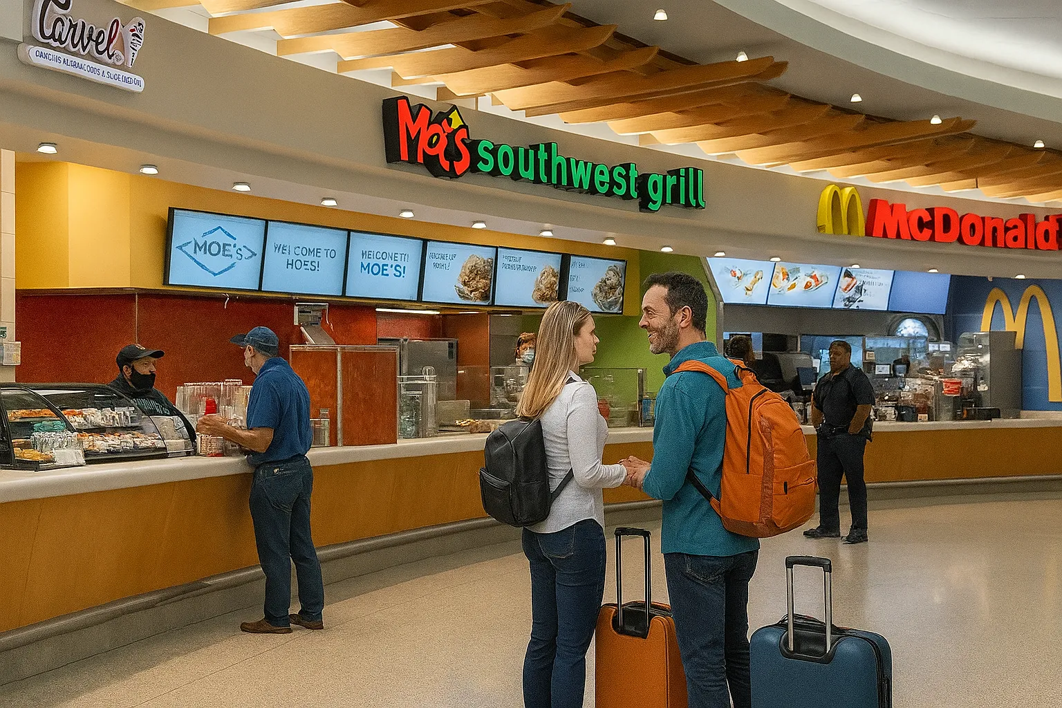 A middle-aged man and a woman ordering food together at Orlando airport food court near Moe’s Southwest Grill and McDonald’s, surrounded by other travelers