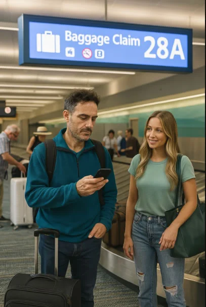 A man with a carry-on and backpack checks his phone while waiting for his luggage at the baggage claim area of Orlando International Airport (MCO), accompanied by a woman.