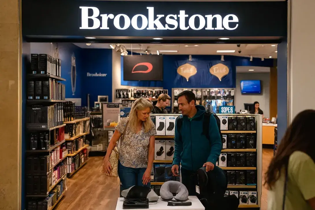 A photograph captures a Brookstone store in a shopping area, where a middle-aged couple is browsing massage devices at a display near the entrance.