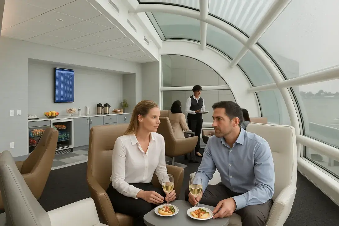 A couple enjoying drinks and light snacks at The Club MCO lounge, with panoramic windows and other travelers in the background.