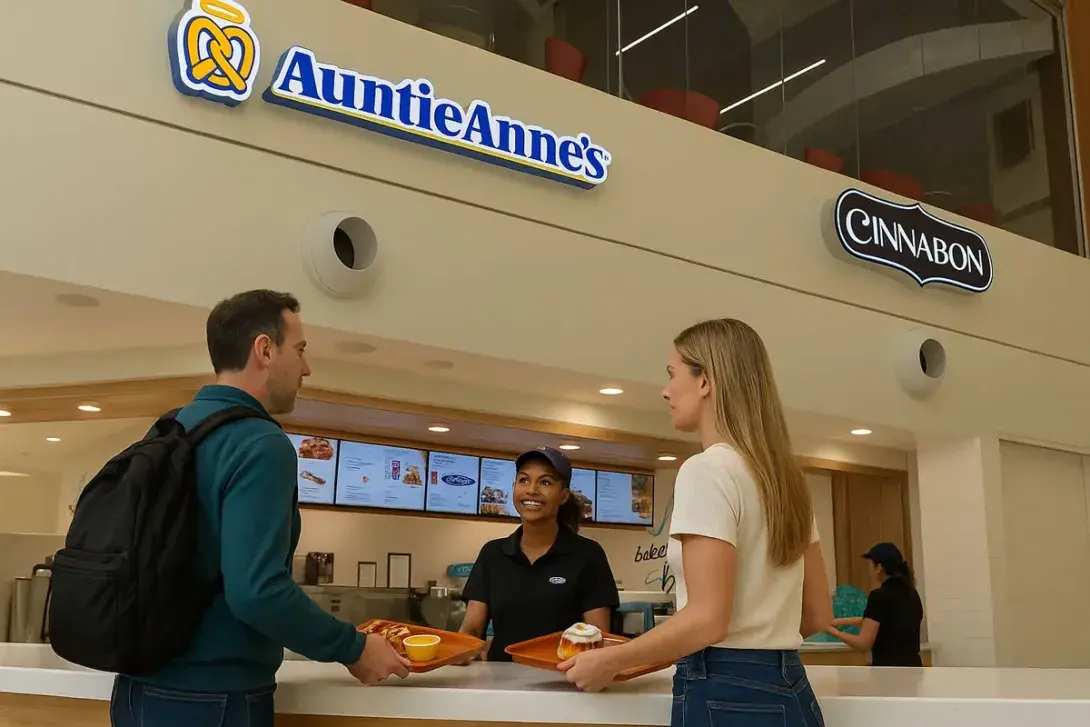 A realistic airport food court scene featuring a Caucasian man and woman picking up their trays of food from Auntie Anne's and Cinnabon counters, with the vendor behind the counter