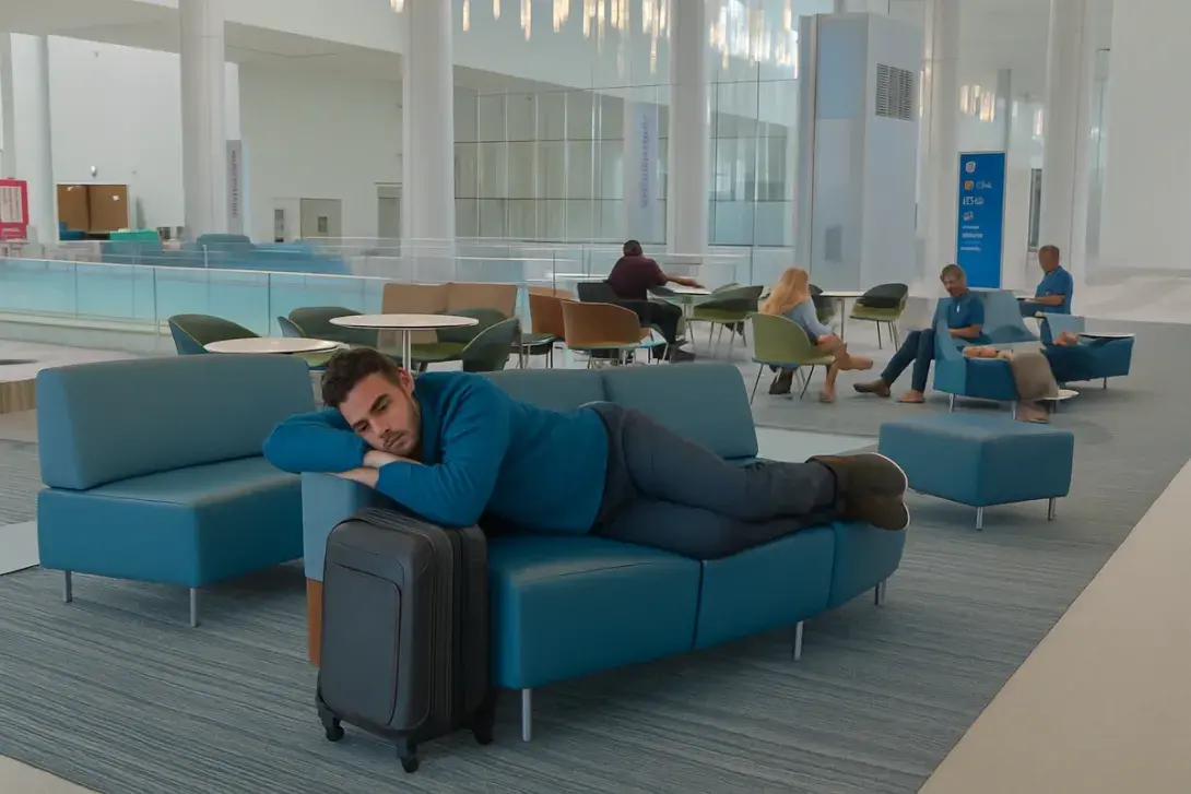A spacious airport terminal with modern seating, featuring resting passengers and carry-on luggage.