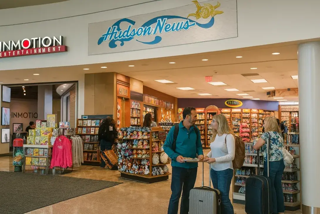 A digital photograph captures a Hudson News store at the airport, with a couple standing in front browsing travel magazines and plush toys, while other travelers shop inside.