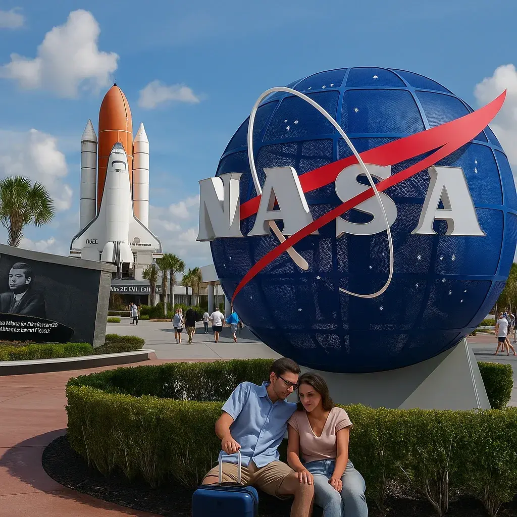 A high-resolution photograph captures the entrance of the Kennedy Space Center Visitor Complex in Orlando, Florida, showcasing the NASA globe and main gate