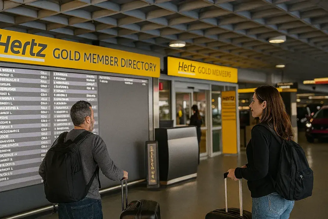 Couple with luggage reading the Hertz car rental signs at Orlando Airport