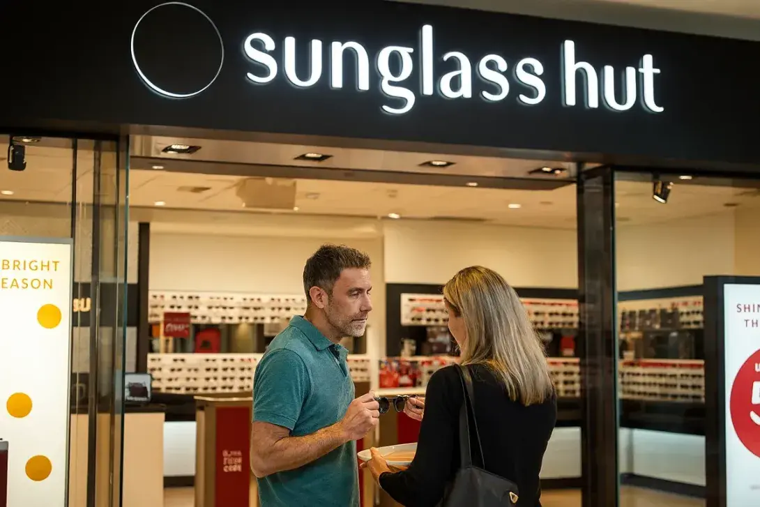 A couple browsing sunglasses at the Sunglass Hut store inside the airport