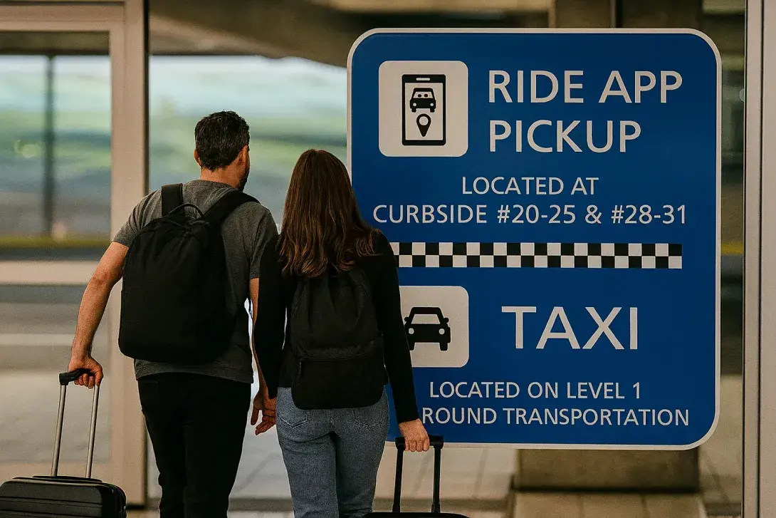 Passengers with luggage walking toward the exit and taxi sign at the airport