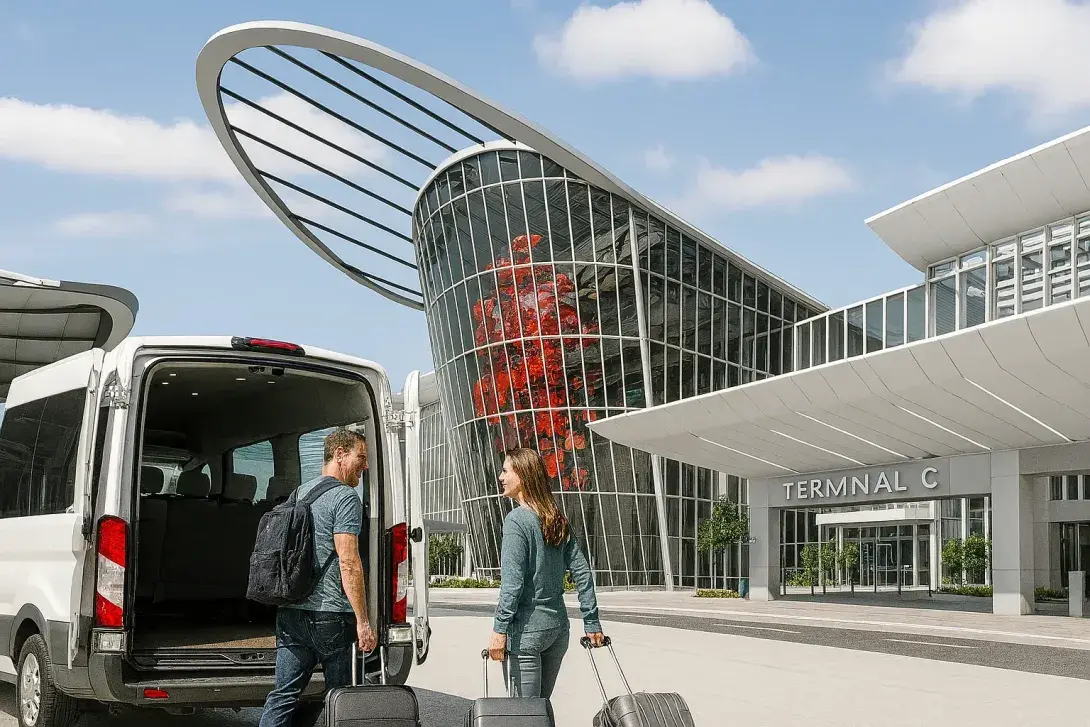 A couple loading luggage into a transfer van outside Terminal C at Orlando MCO airport